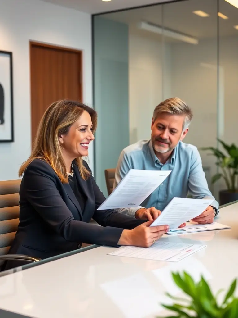 An image of Elaine Fernandes sitting with a client, reviewing mortgage documents and explaining details with a friendly demeanor.