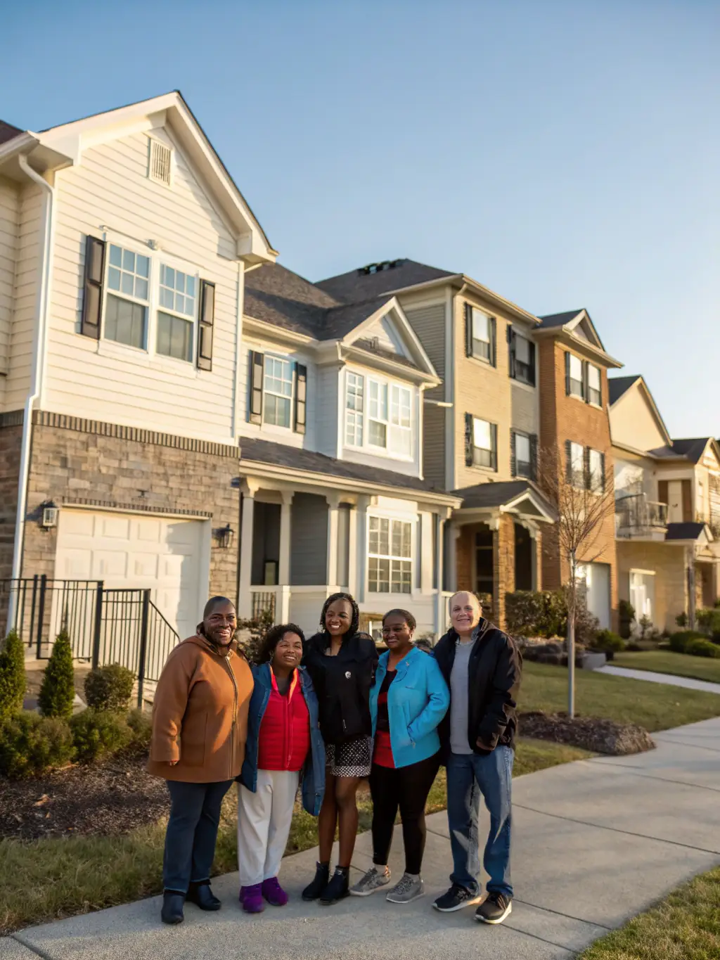 A diverse group of people standing in front of their homes, representing various specialized mortgage programs.