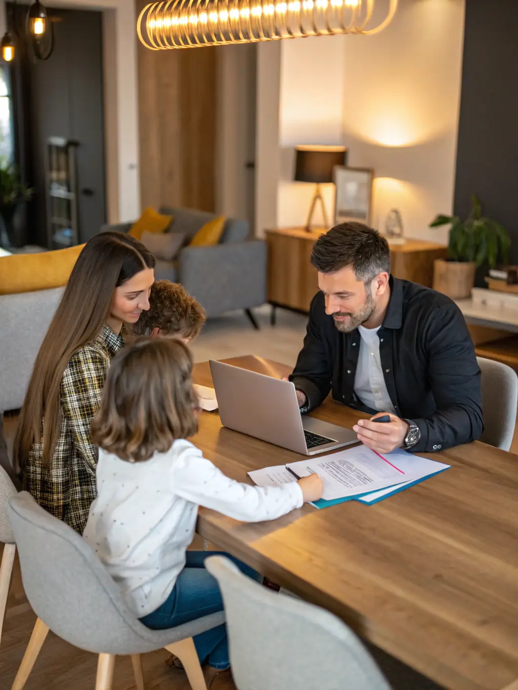 A family sitting at a table reviewing mortgage documents with Elaine, illustrating personalized mortgage advice and support.