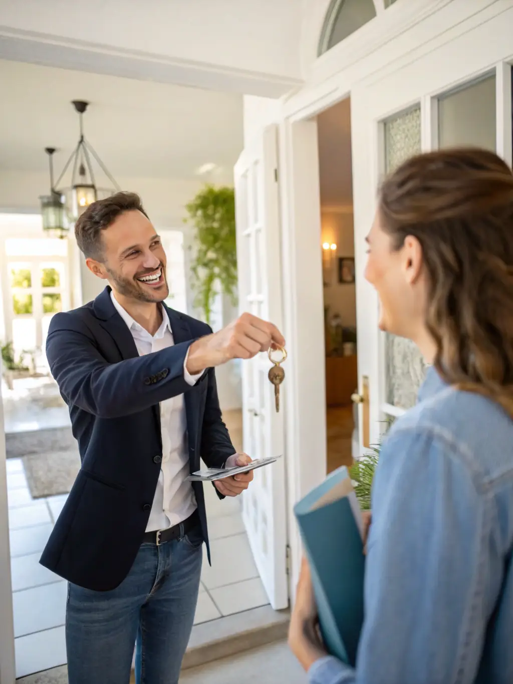 A friendly woman handing keys to a young couple in front of their new home, symbolizing the joy of first-time homeownership facilitated by Mortgages With Elaine.
